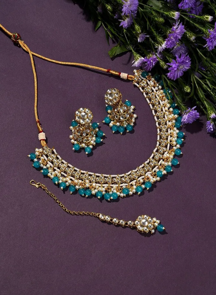 Gold Plated Designer Stone Beaded Necklace, Earrings and Maang Tikka Set