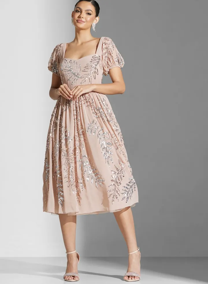 Puff Sleeve Embellished Midi Dress