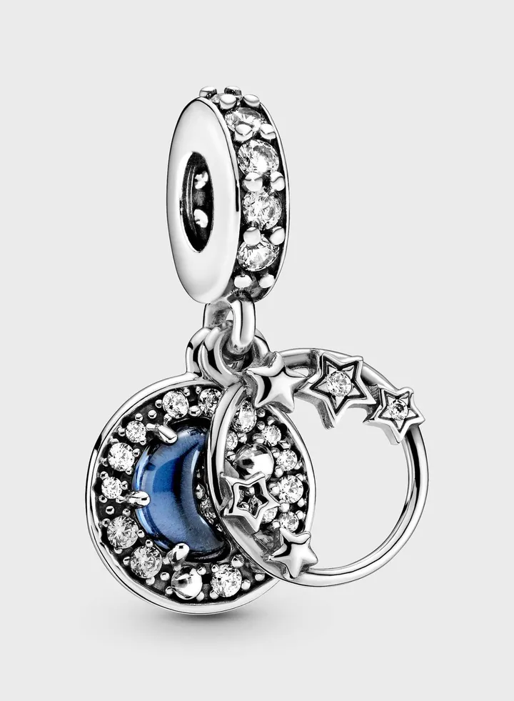 Blue Night Sky Crescent Moon & Stars Dangle Charm