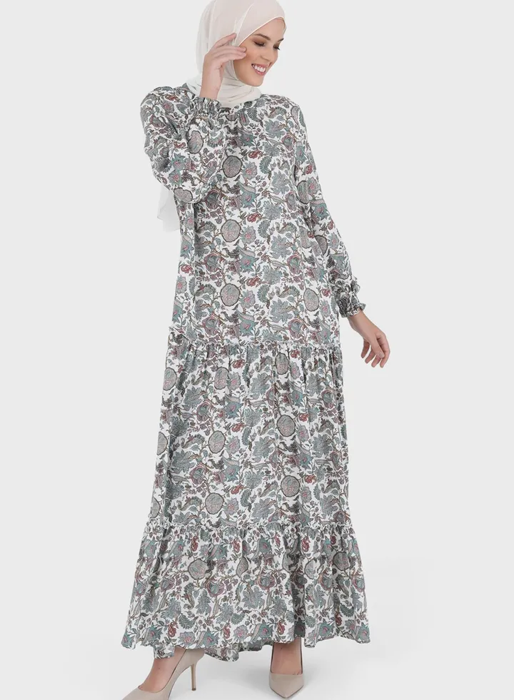 Floral Print Tiered Puff Sleeve Dress