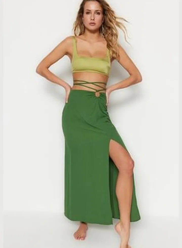 Green Maxi Woven Skirt With Accessories, 100% Cotton TBESS23ET00014