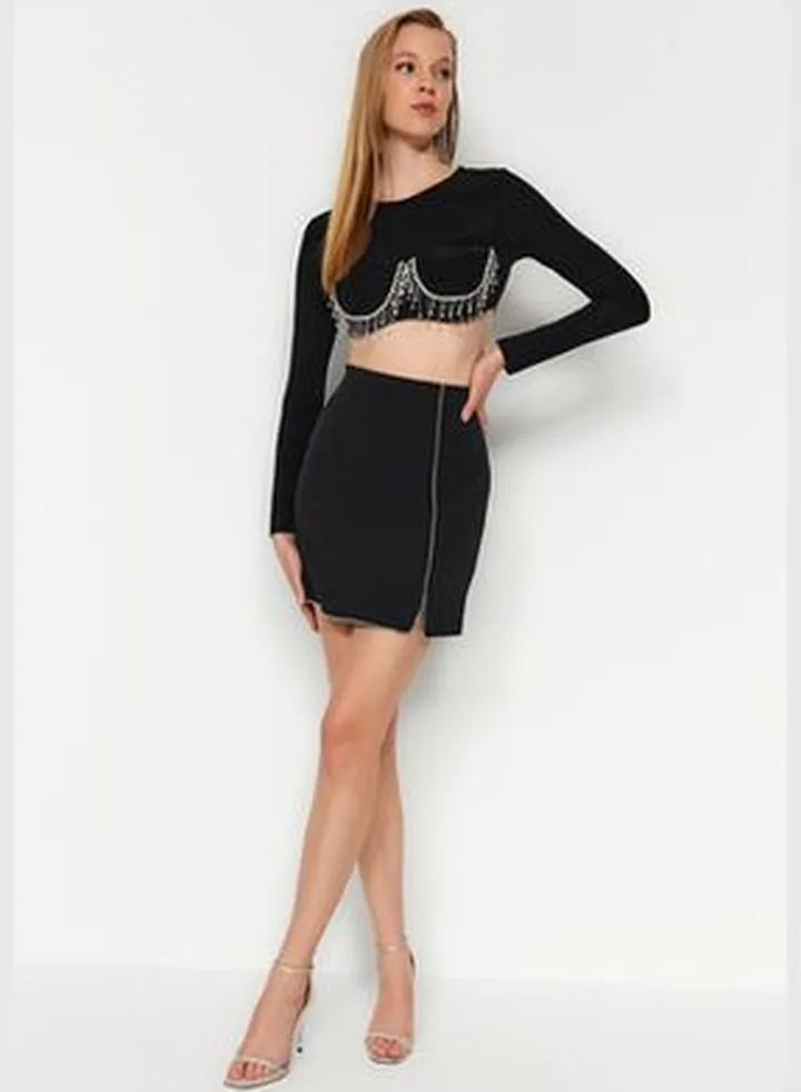 Black Fitted Skirt with Shiny Stones TPRAW24ET00016