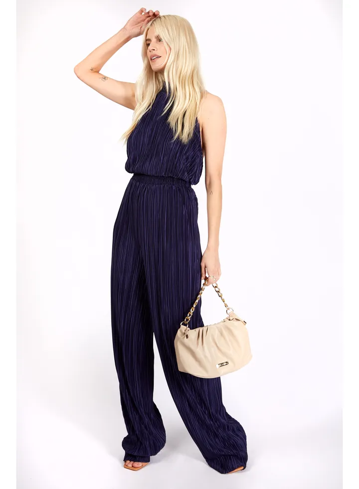 Little Mistress Navy Plisse Jumpsuit