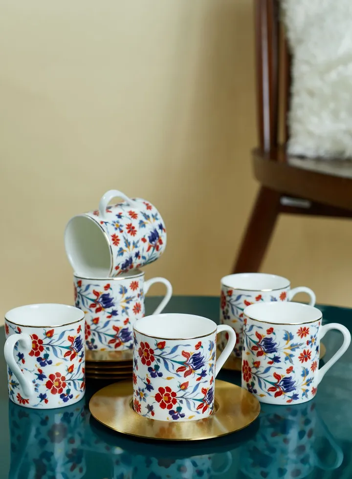 Set of 6 Floral Espresso Cup & Brass Saucer