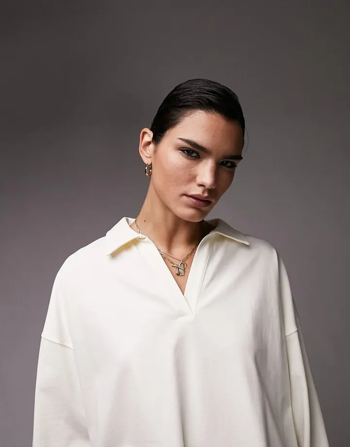 Topshop premium basic oversized long sleeve polo top in ecru