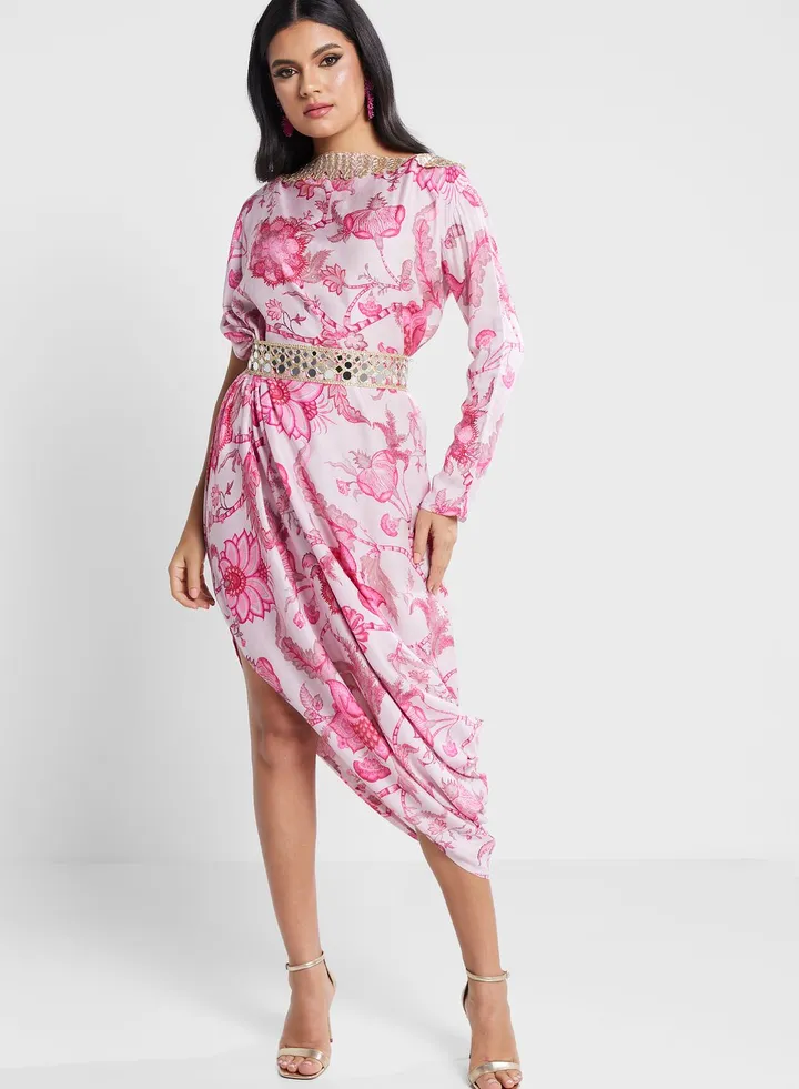 Embellished Belted Floral Asymmetrical Hem Dress