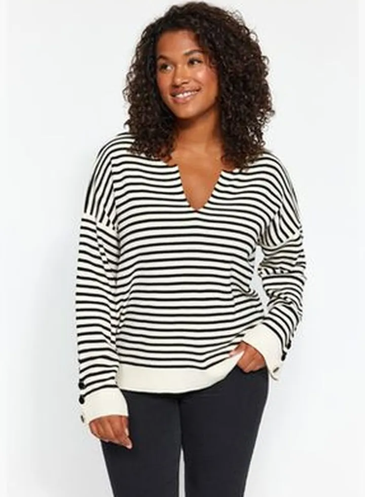 Ecru Striped Knitwear Sweater TBBAW24AN00080