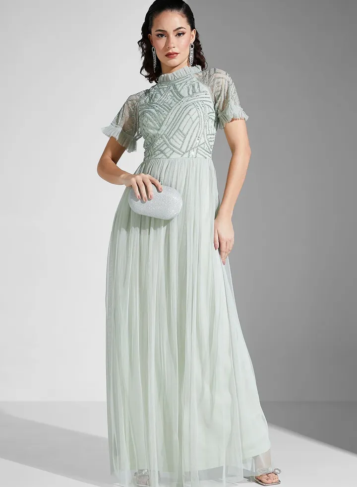 Embellished Mesh Tiered Dress