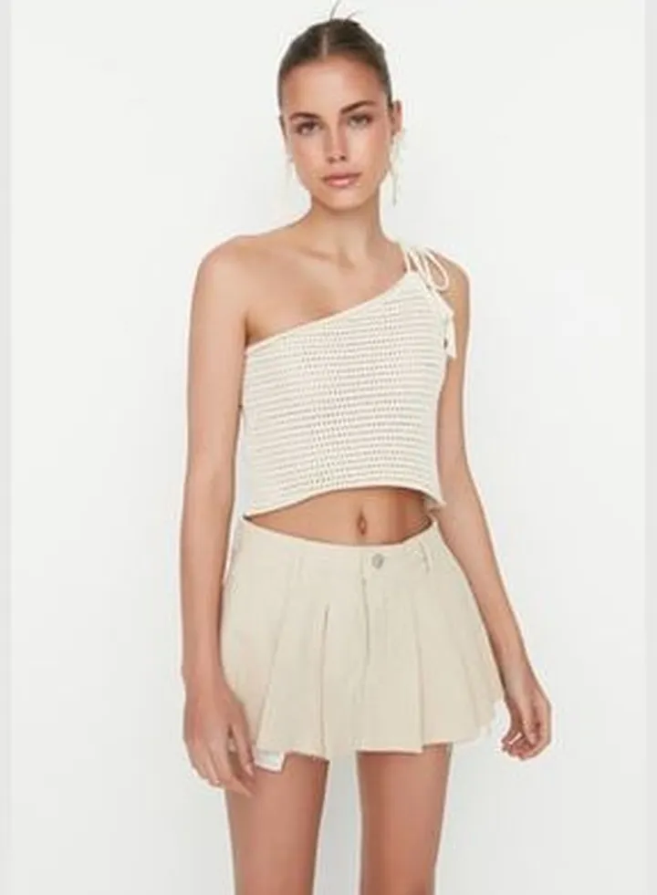 Ecru Pleated Denim Skirt with Shorts