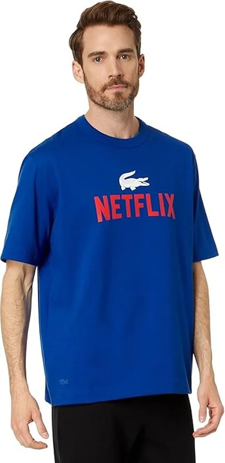 Lacoste Netflix Short Sleeve Loose Fit Graphic T-Shirt (Cobalt) Men's Clothing