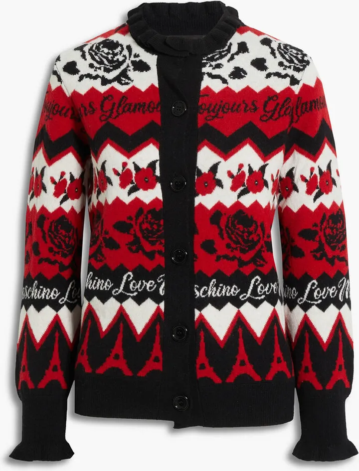 Ruffle-trimmed jacquard-knit wool-blend cardigan