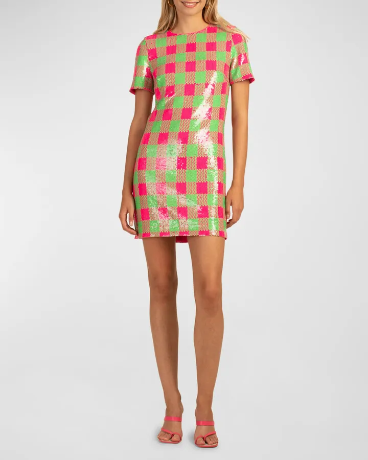 Lupine Short-Sleeve Plaid Sequin Mini Dress