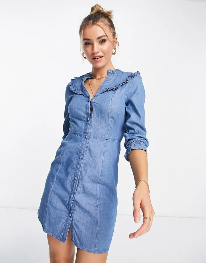 Lipsy chambray ruffle denim dress in blue