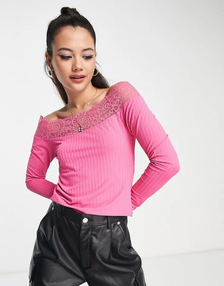 Pieces off-shoulder lace detail top in bright pink