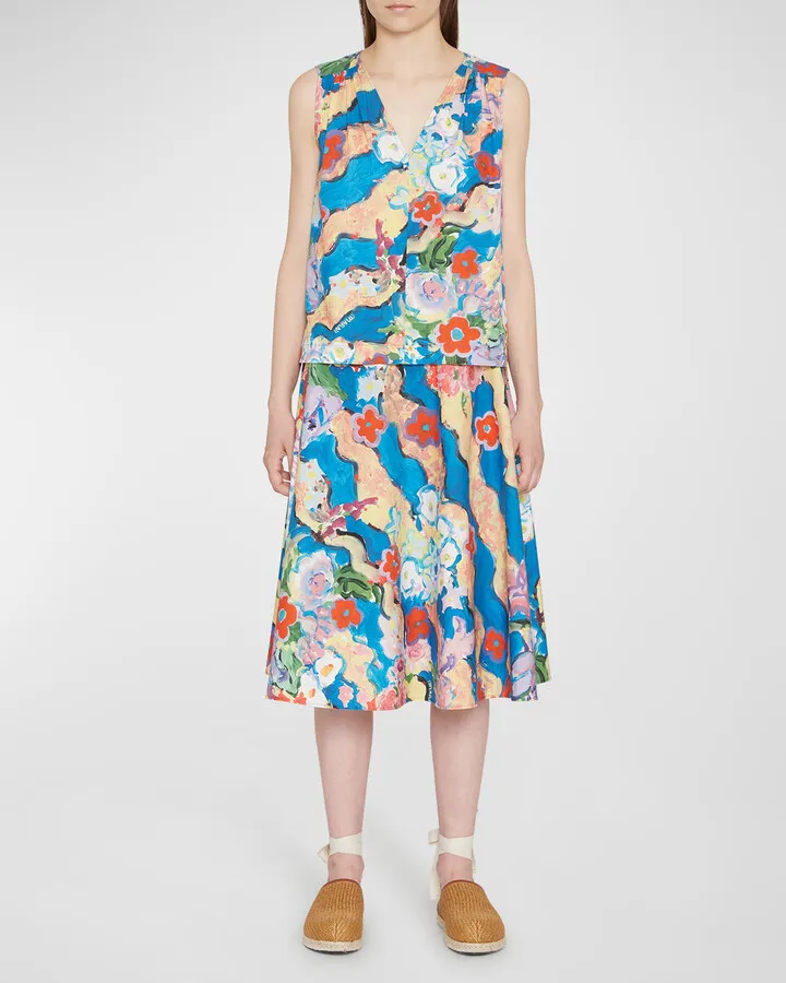 Floral Painting-Print Sleeveless Cotton Blouse