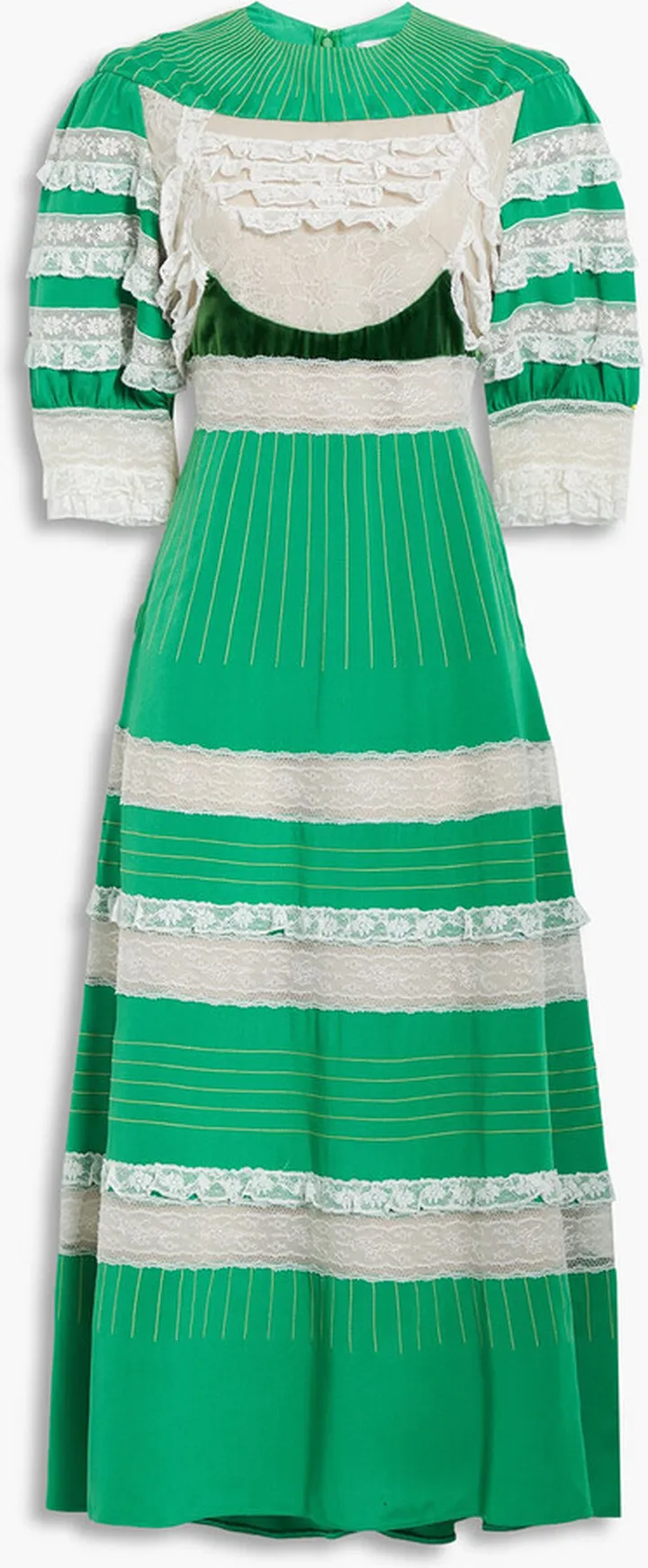 Ruffled tulle and velvet-paneled silk-twill midi dress