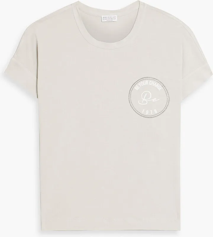 Bead-embellished printed cotton-jersey T-shirt