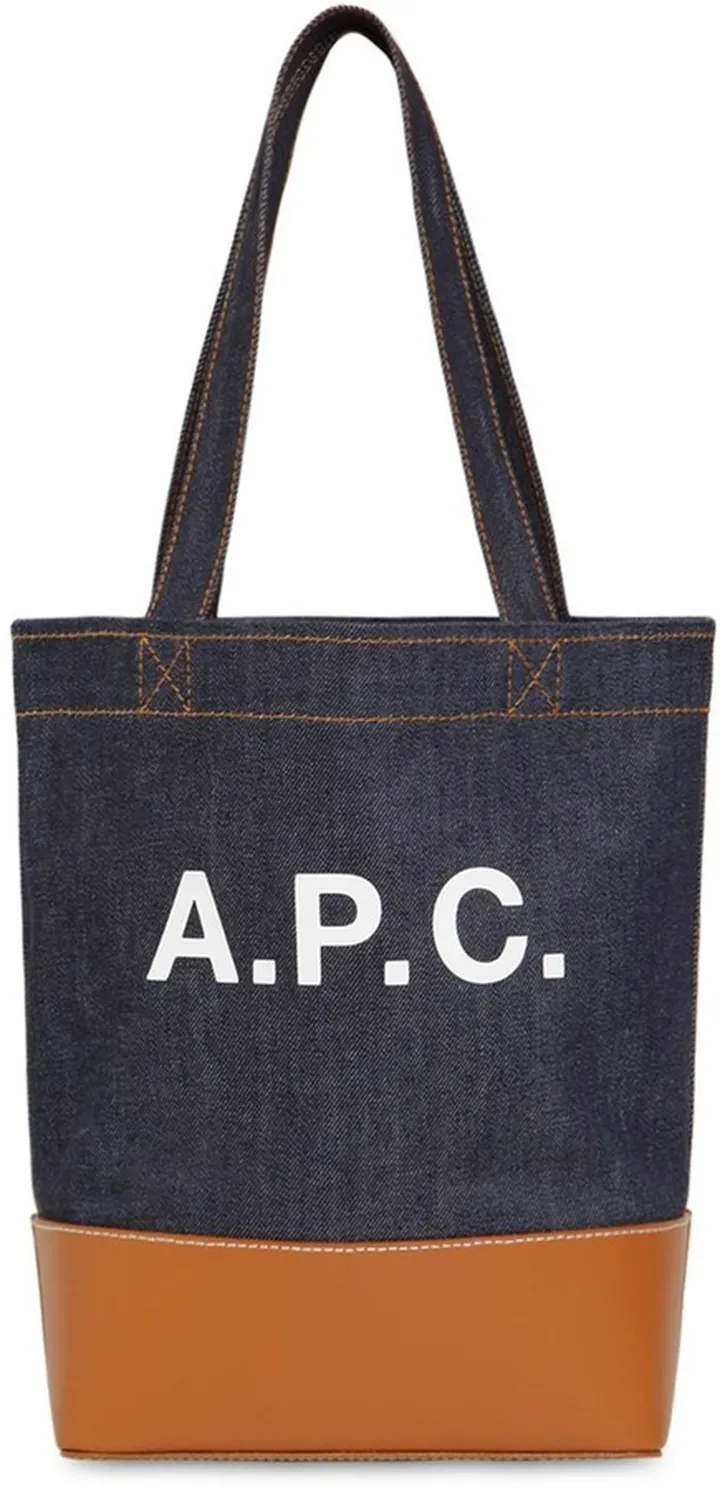 Small logo denim & leather tote bag