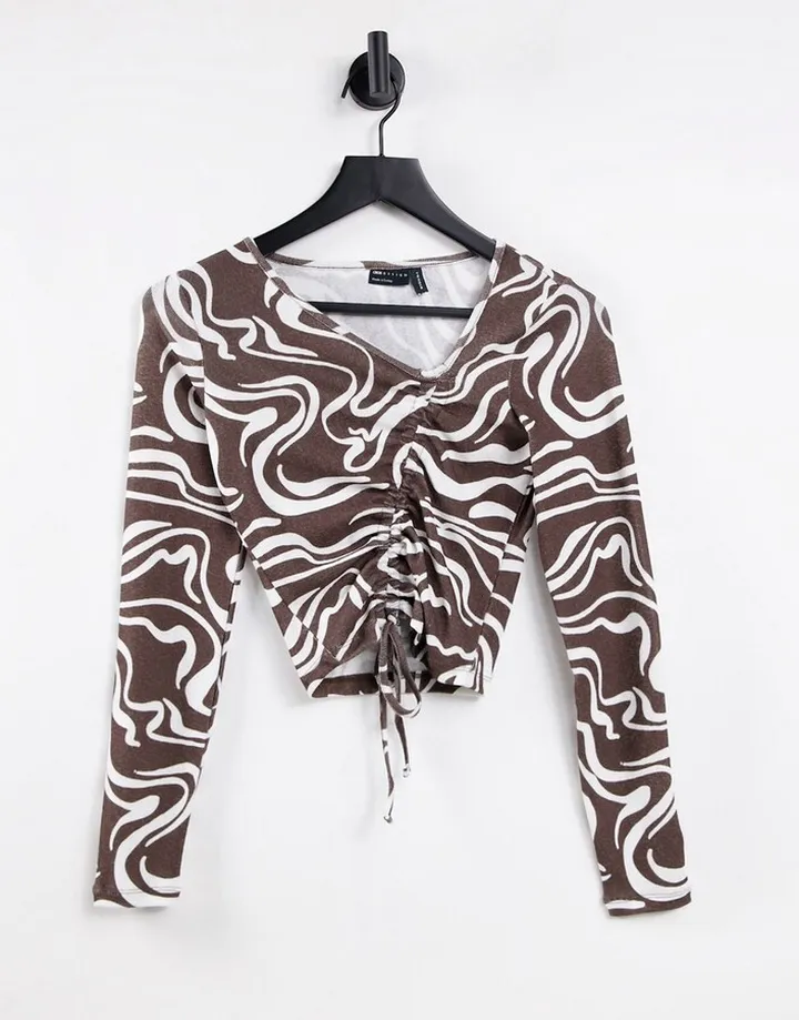 ASOS DESIGN fitted top with ruching in marble print in brown