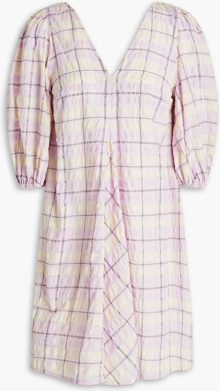 Pleated checked organic cotton-blend seersucker mini dress