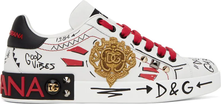 Dolce & Gabbana White Portofino Embroidery & Studs Sneakers