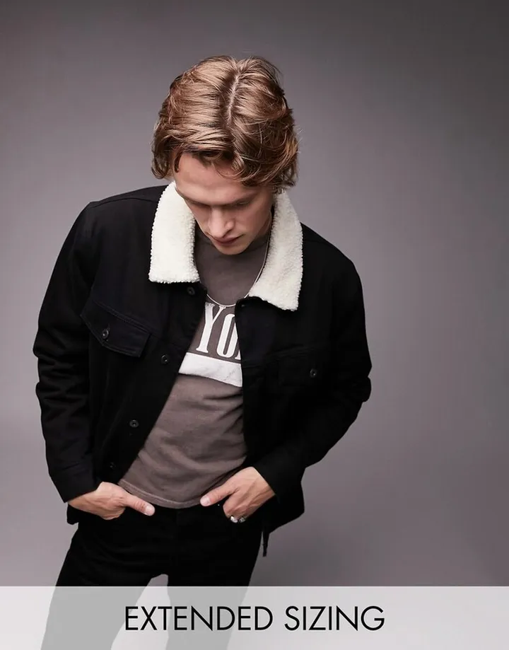 Topman borg collar denim jacket in black
