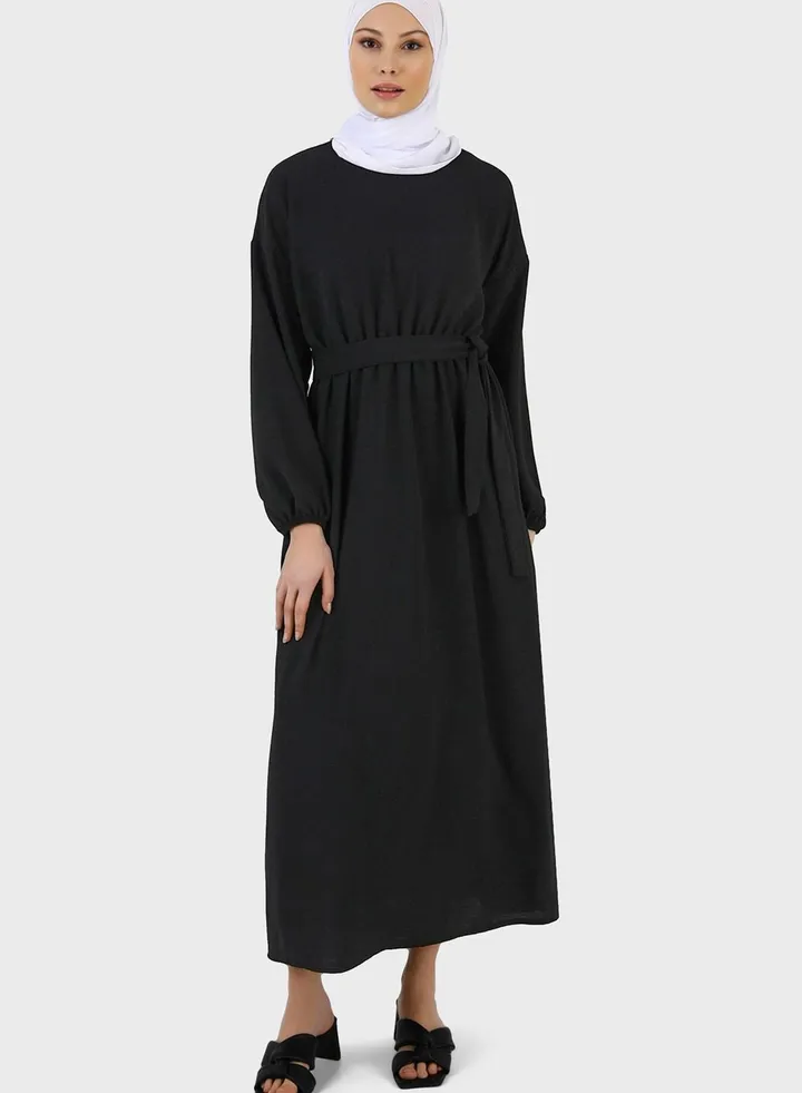 Crew Neck Belted Dress