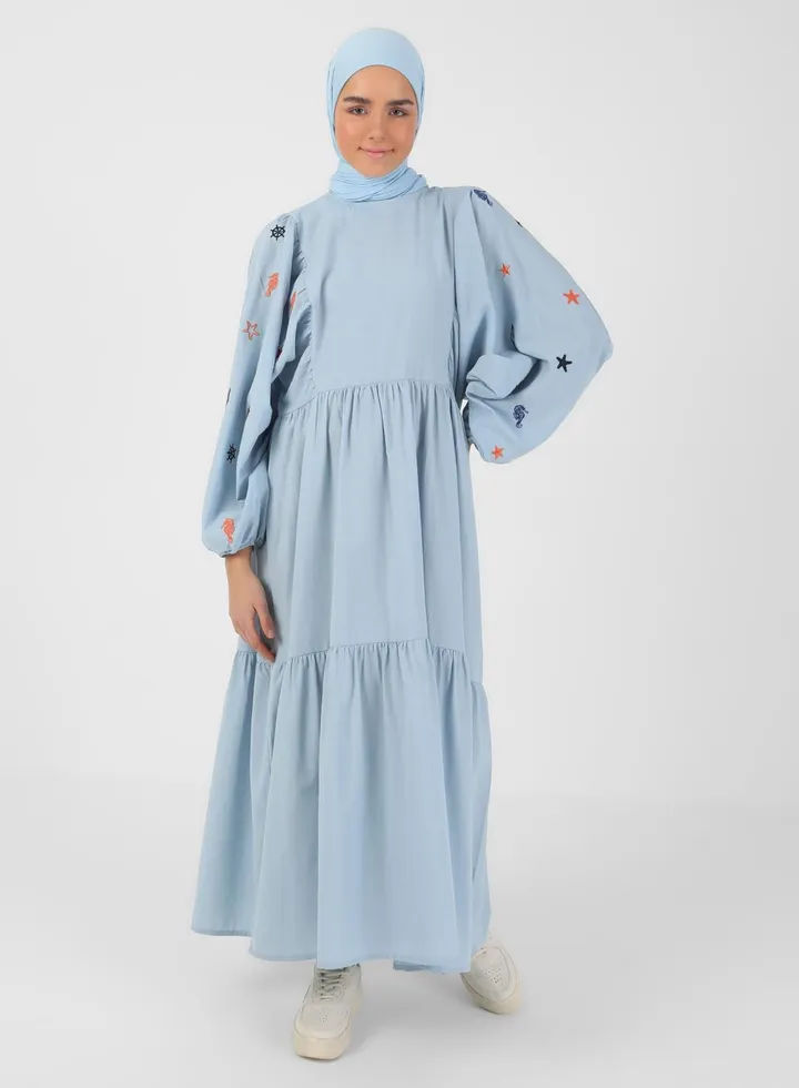 Embroidered Balloon Sleeve Dress