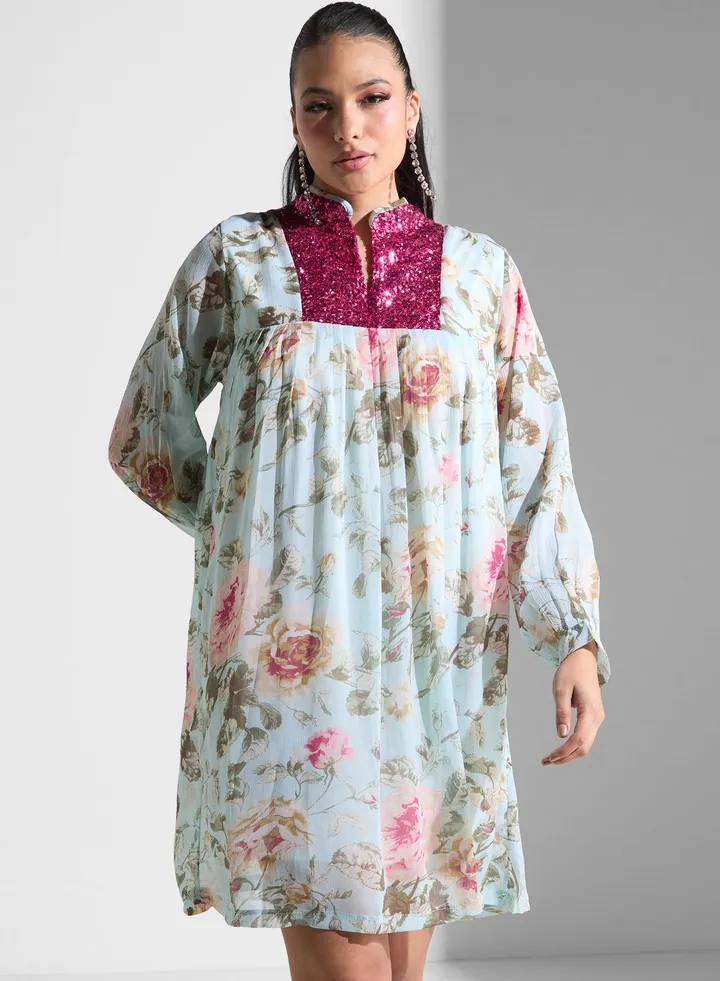 High Neck Floral Printed Pleated Dress