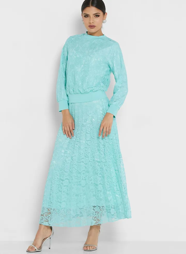 Lace Top & Pleated Skirt Set