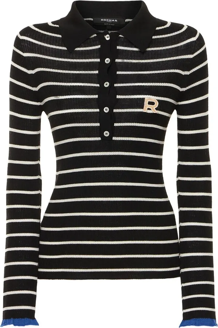 Striped rib knit wool polo shirt