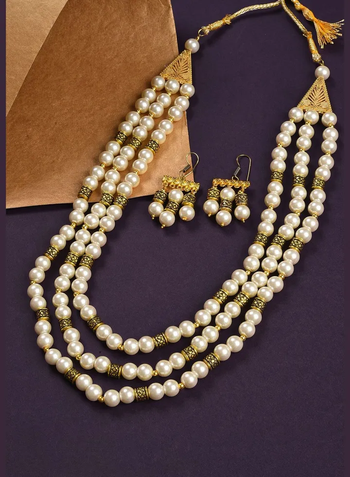 Gold Plated Pearls Beaded Necklace and Earrings Set