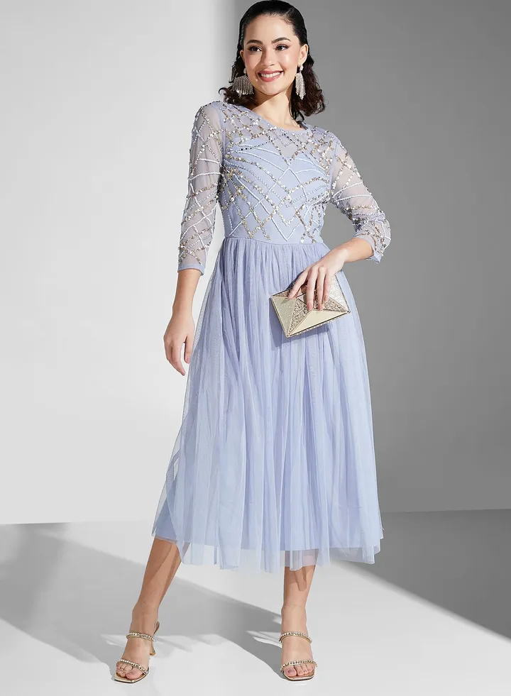Embellished Mesh Tiered Dress