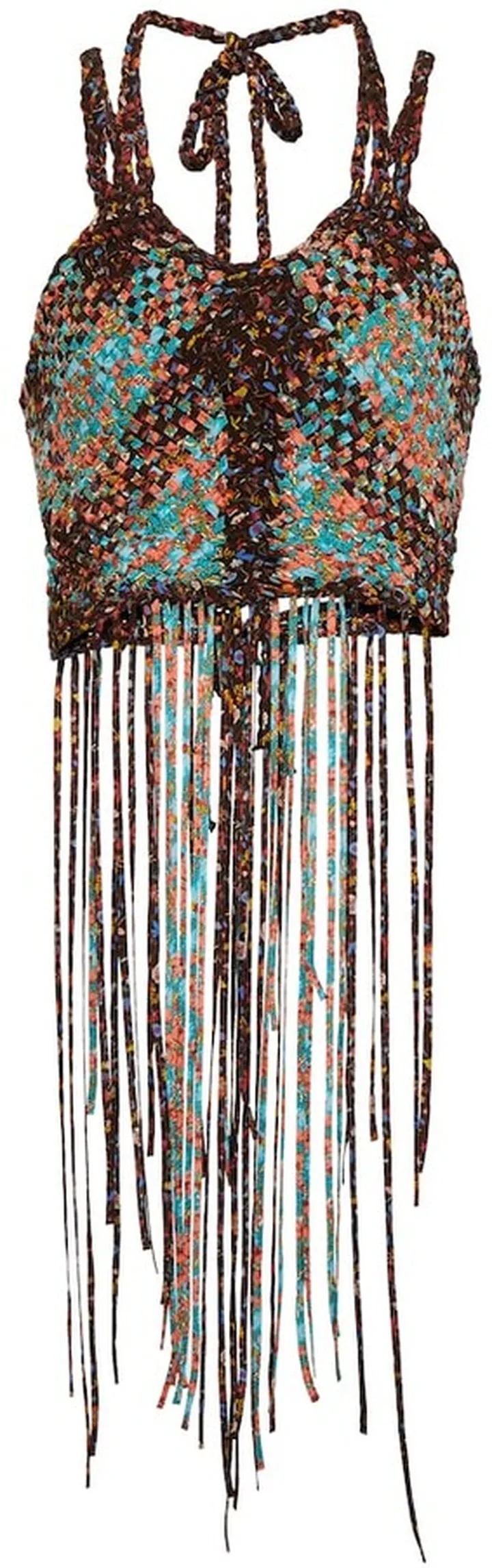 Printed fringed woven silk crop top