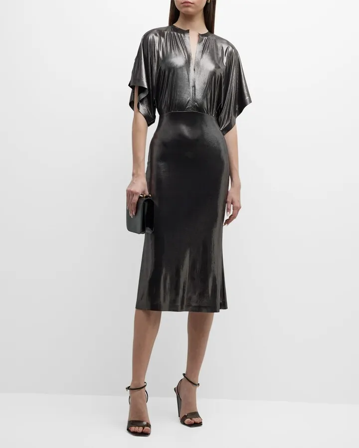 Obie Split-Neck Lamé Midcalf Dress