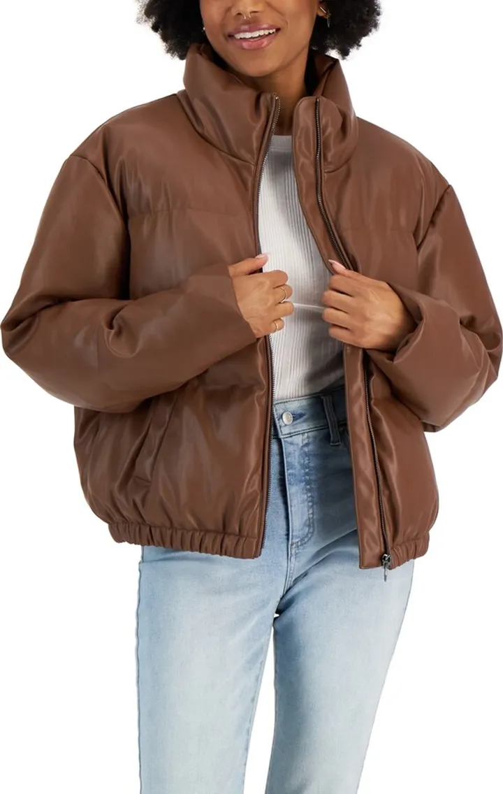 CoffeeShop Juniors' Cropped Faux-Leather Puffer Coat
