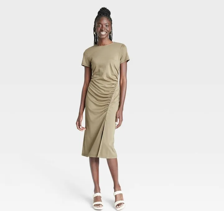 Women's Short Sleeve Side Ruched Knit Dress - A New Day™ Olive Green M