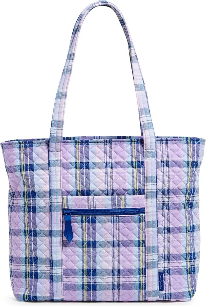 Vera Bradley Women's Recycled Cotton Vera Tote Bag Amethyst Plaid