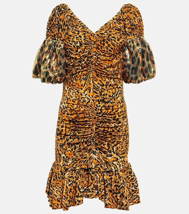 Embellished animal-print ruched minidress