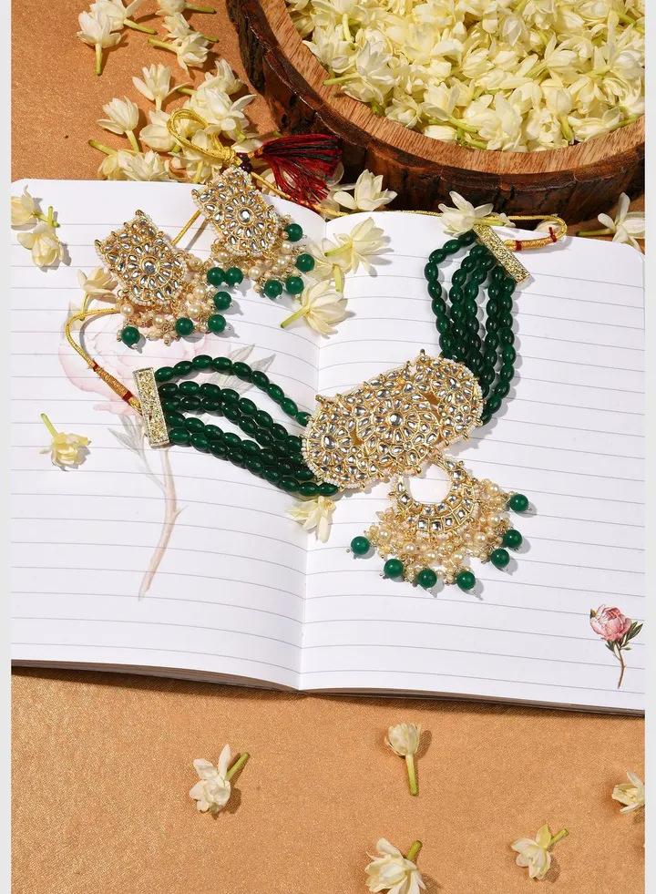 Gold Plated Designer Stone Beaded Necklace and Earring Set