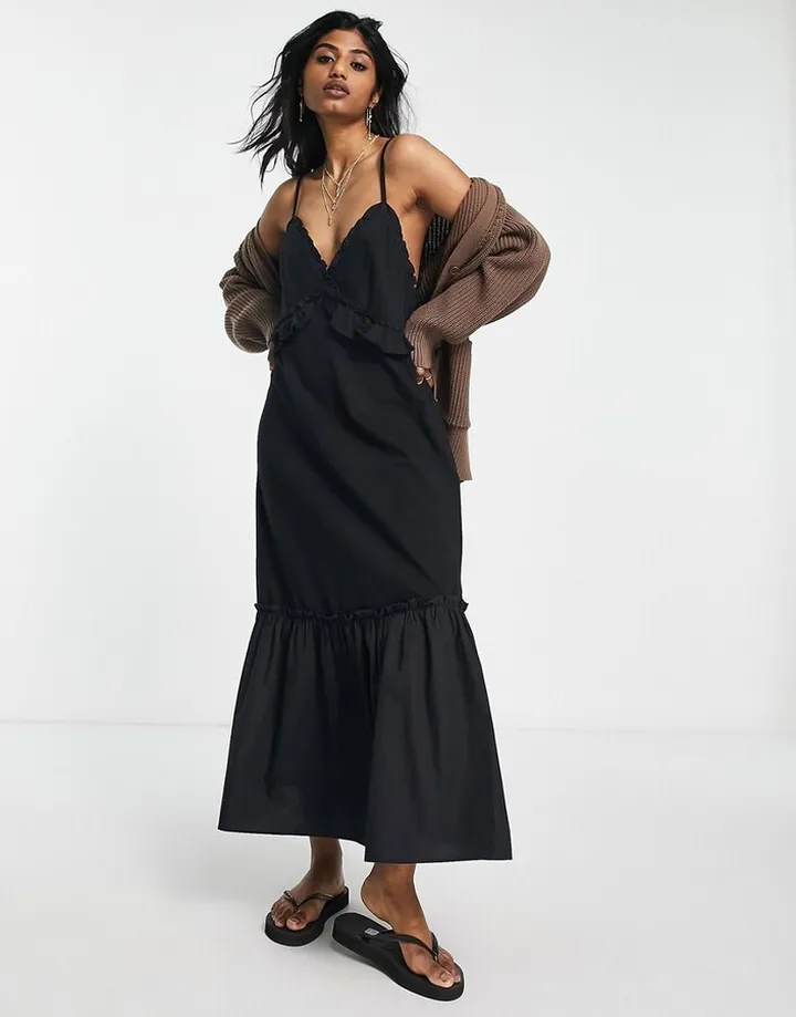 Topshop jersey poplin mix strappy frill midi dress in black