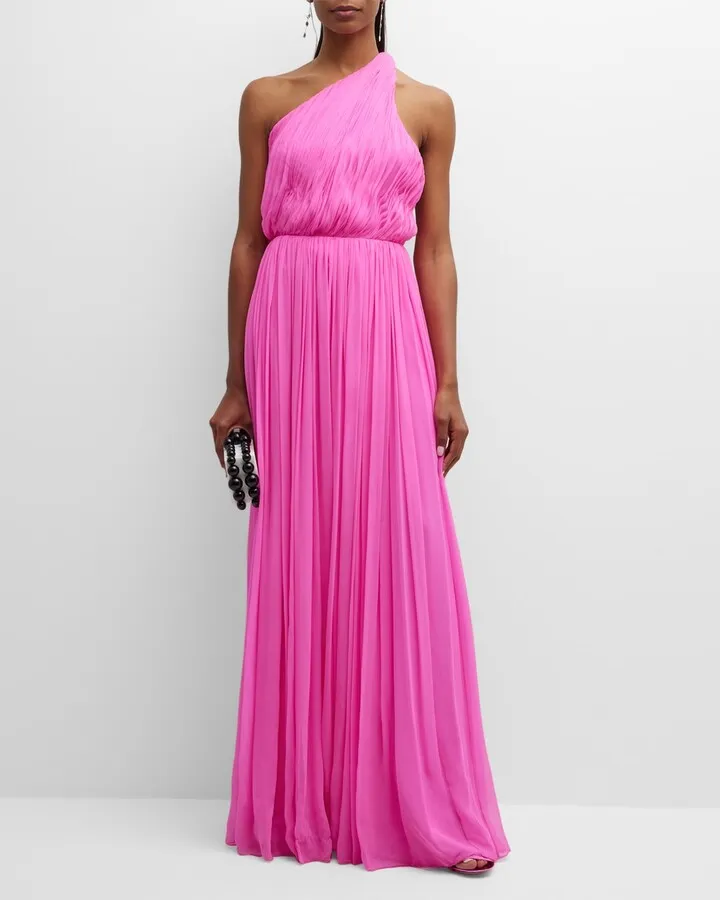 One-Shoulder Plisse Silk Chiffon Gown