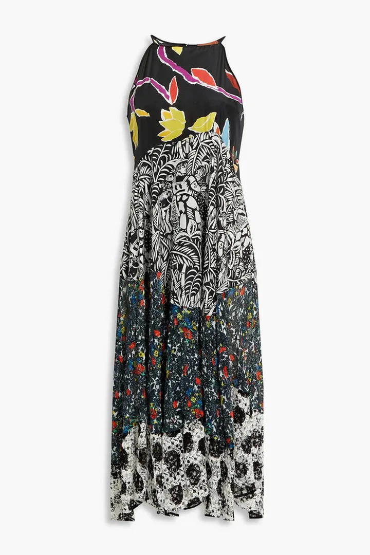 Lace-paneled printed charmeuse midi dress