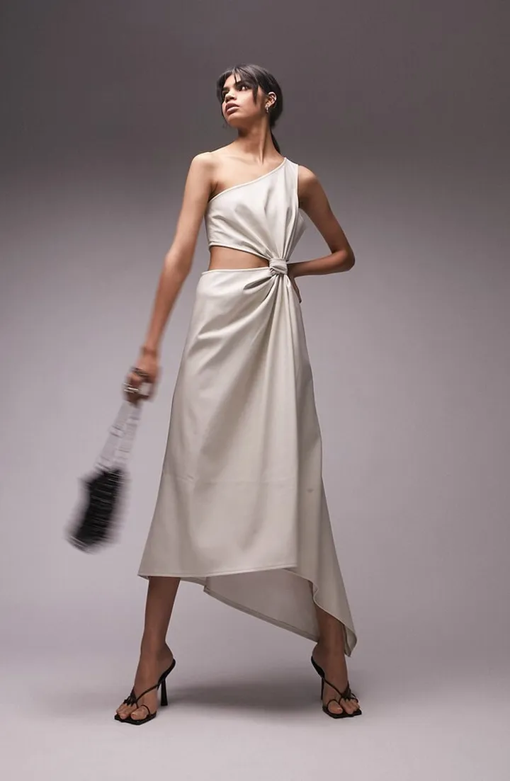 One Shoulder Faux Leather Midi Dress