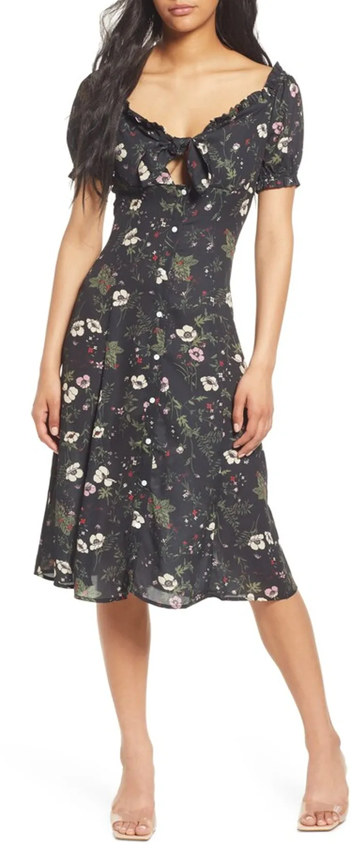 Floral Tie Front Cutout Midi Shirtdress