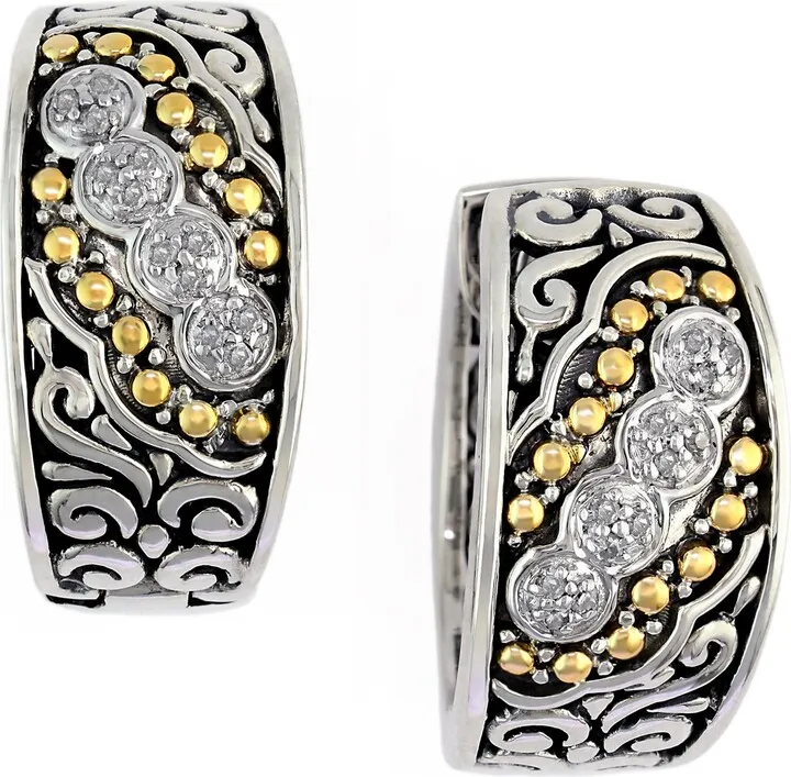 Sterling Silver & 14K Yellow Gold Pavé Diamond Hoop Earrings - 0.12 ctw
