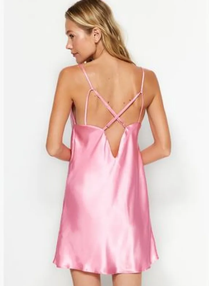 Pink Lace-Up Collar Nightgown With Back Detailed Satin Woven THMSS22GC0018.