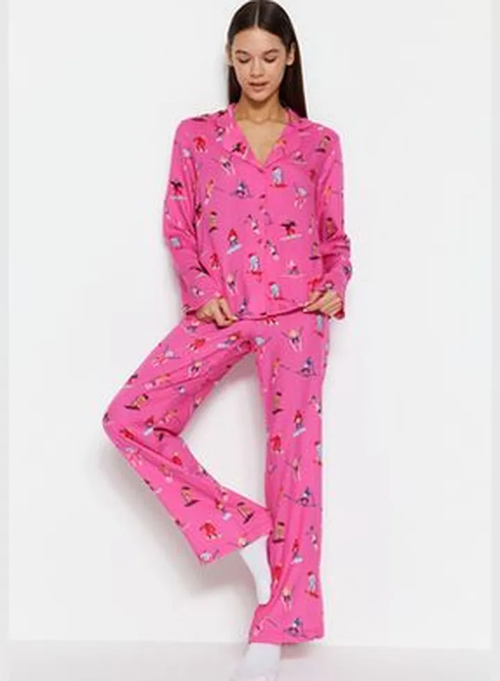 Pink Viscose Ski Printed Shirt-Pants Woven Pajamas Set
