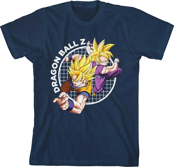 Dragonball Z Father and Son Attacking Grid Youth Navy Blue Short Sleeve Crew Neck Tee-Small