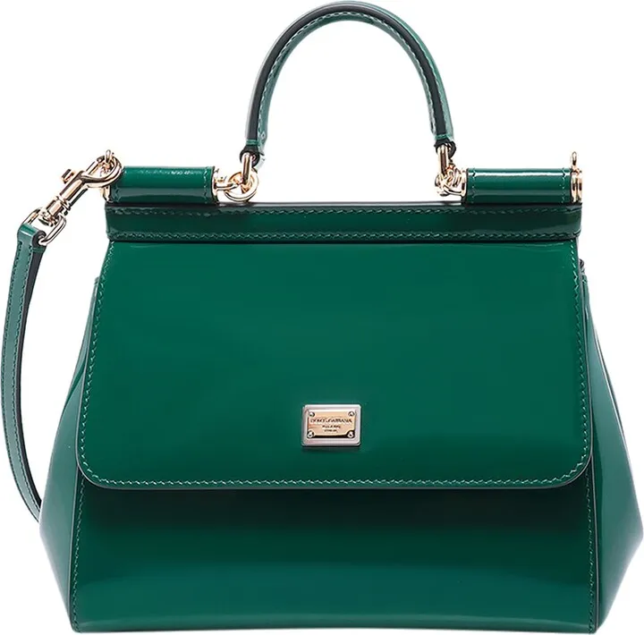 Patent leather handbag with frontal logo patch